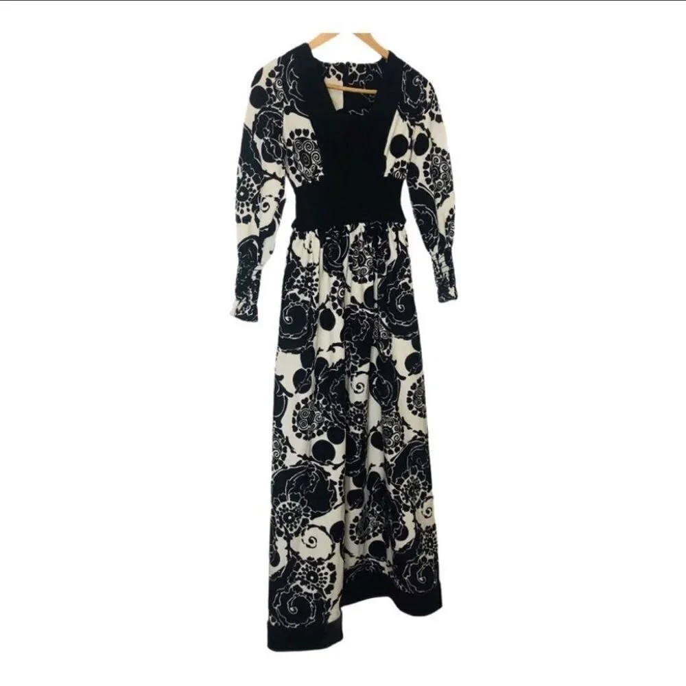 Vintage 60’s Union Label Black & White Long Sleeve Maxi Cottagecore Dress - Picture 2 of 10